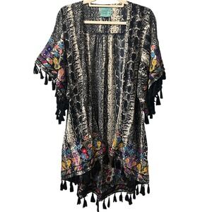Judith March Kimono Cover Up Snake Print Embroidered Tassel Trim‎ Medium